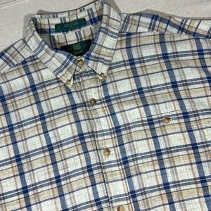 Orvis Mens XL Button Up Shirt Short Sleeve Plaid Tan Blue Cotton Casual